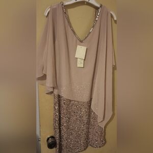 Cut Out Sleeve Cream Dress With Sequins